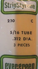 EVERGREEN #230 STYRENE TUBE  5/16" Diameter  (3) Plain White Pieces