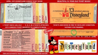 1973 Disneyland JUNIOR A - E Tickets A B C D E Ticket Book FINE EX with COA   A3