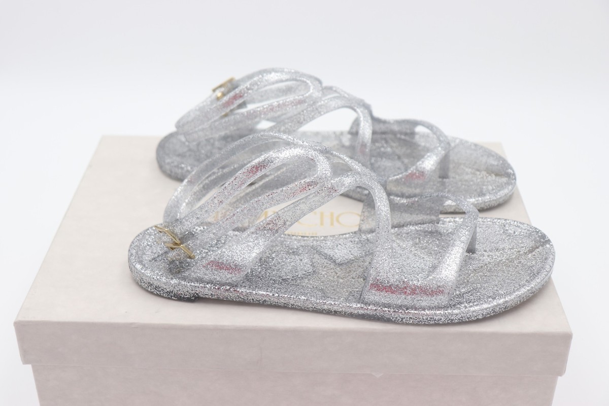 NIB Jimmy Choo Lance Silver Metallic Glitter Rubber Jelly