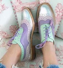 Handcrafted Women's Three Tone Oxford Lace Up Leather Shoes Wing Tip Brogue Shoe