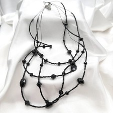 Vintage 90s Black Glass Multi Strand Layered Statement Necklace Boho Chic Goth