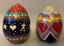 hand painted wooden eggs, lot of 2, signed RAE, 1992, hearts, moon, cat, Easter
