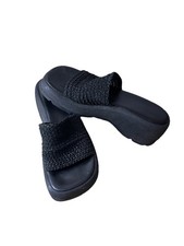 Vintage 90s Platform Slip On Wedge Sandals Leather Black Sz 8 Y2K