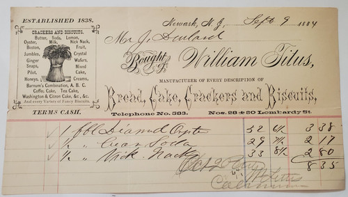 1884 Receipt, William Titus, Bread, Cake, Crackers And Biscuits, Newark, NJ
