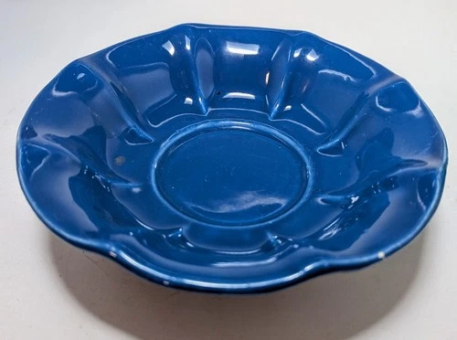 Vintage McCoy Royal Blue Glazed Flower Petal Footed Bowl USA Scallop Stamped