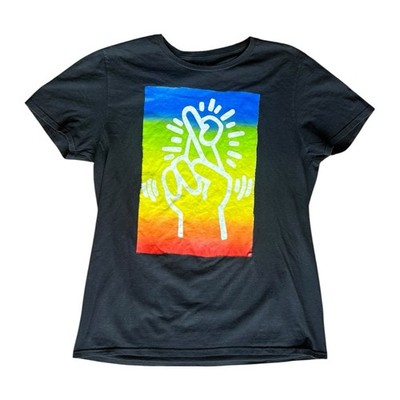 Licensed Keith Haring Fingers Crossed Graphic Tshirt ROY G. BIV Rainbow Size L