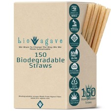 Biodegradable 8.25" Standard Straws Made From Agave Fibers 150 Pcs  Plant-Ba...