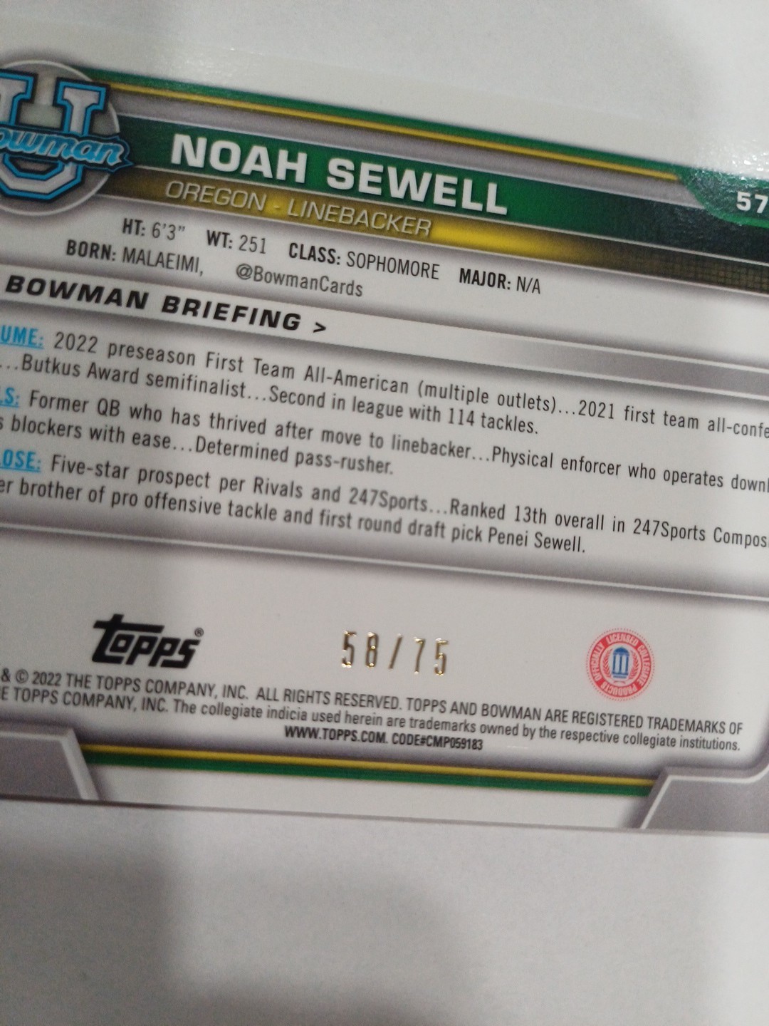 2022 Bowman University Chrome - Noah Sewell #57 Yellow Refractor /75 (RC)