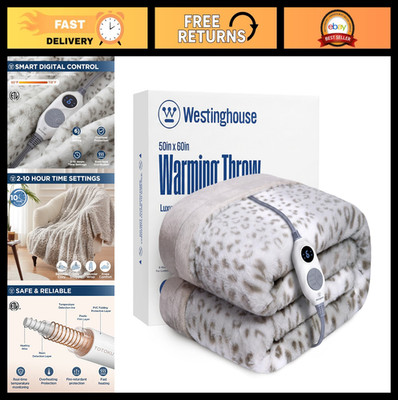Cozy Heated Throw Blanket - Grey Leopard, Reversible Faux Fur & Flannel, 6 Heat