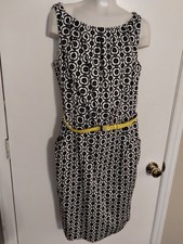 NWT Nine West Size 12/14 Navy White Medallion Print Sheath Dress W/ Yellow Belt