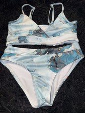 SHEIN Blue Marble Print Ribbed Bikini Girls Set Size 150