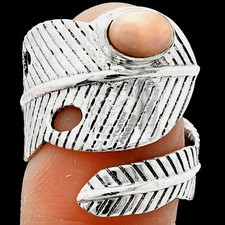 Adjustable Feather - Pink Opal 925 Sterling Silver Ring s.8 Jewelry R-1473