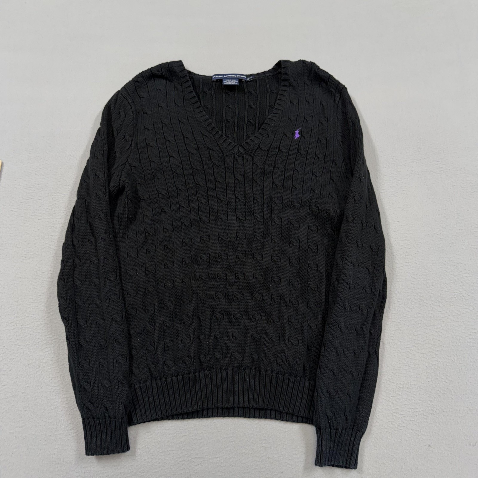Ralph Lauren Sport Sweater Womens XL Black Cable Knit V Neck Cotton Pullover