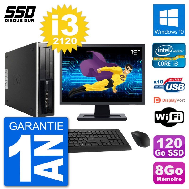 PC HP 8200 Elite SFF Ecran 19" Intel i3-2120 RAM 8Go SSD 120Go Windows 10 Wifi
