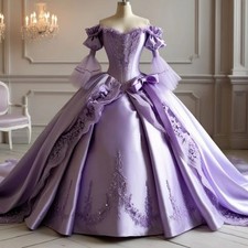 Purple Sweetheart Prom Dress Off Shoulder Tulle Long Sleeve Pleated Evening Gown