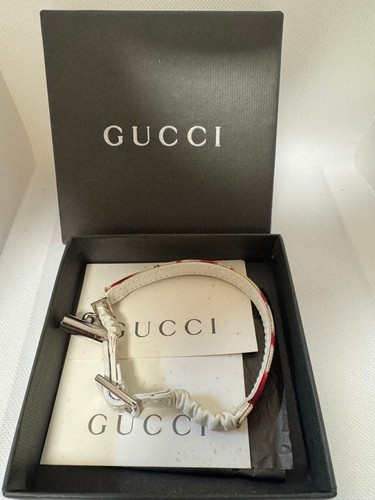 Gucci White Red Canvas Leather Cat Collar Dog Collar W/Box & Charm Unused