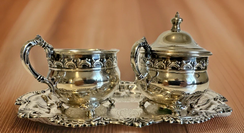 复古华莱士银盘糖碗和奶油套装带托盘加盖 2833、4 和 5 美国 — 第 3/4 张图片