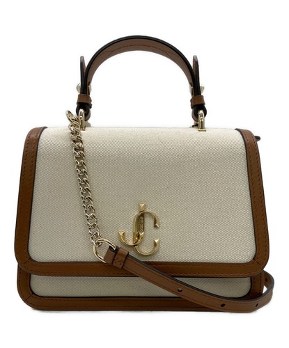 Jimmy Choo Jc Top Handle Handbag 2way Logo Canvas Leather Brown White Authentic
