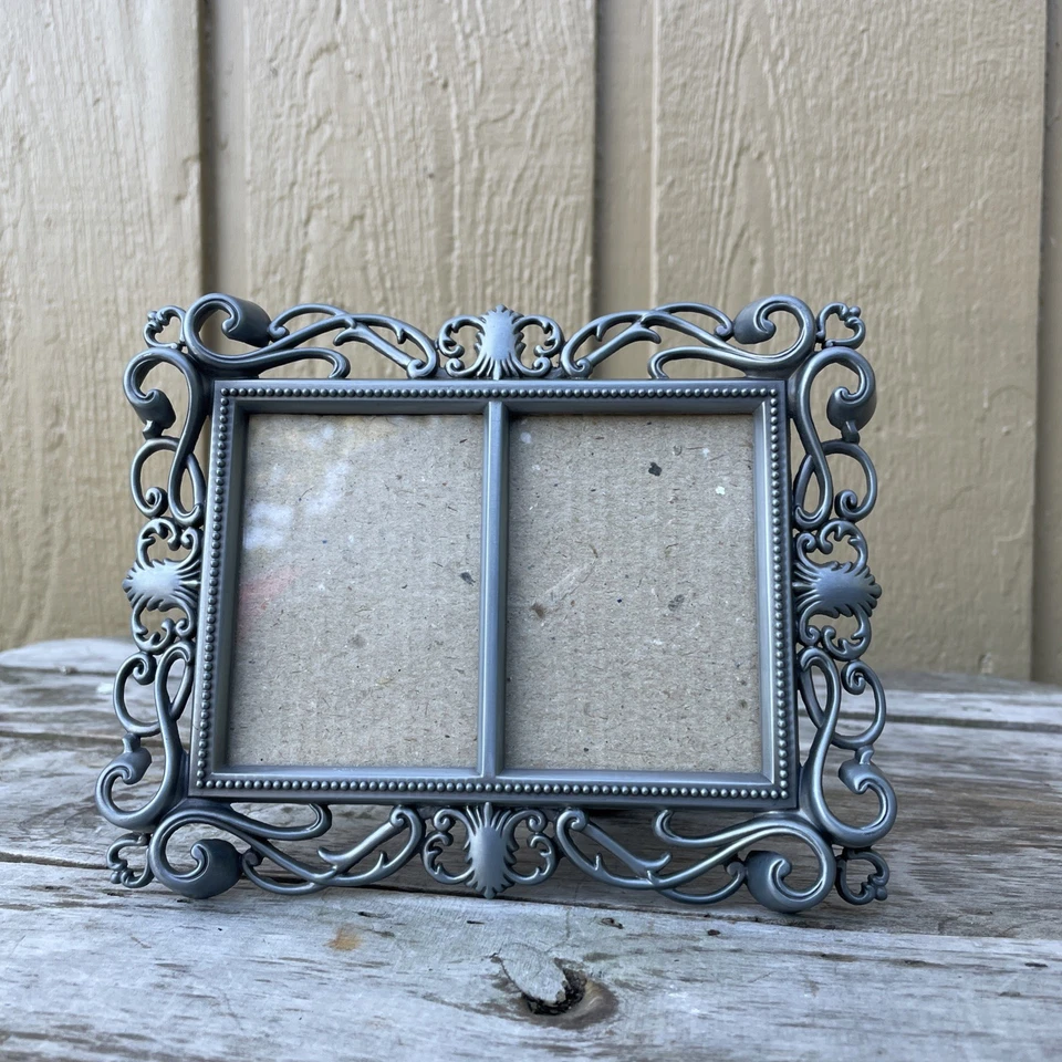 Double Photo Frame, Metal, Pewter Color, Ornate Scroll, 2 1/4” X 3 1/4” Ea. Side - Image 4 of 4
