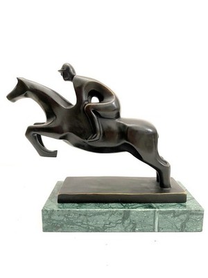 Bronzefigur Handgefertigter Jockey auf Pferd Reiter Pokal auf Marmorsockel