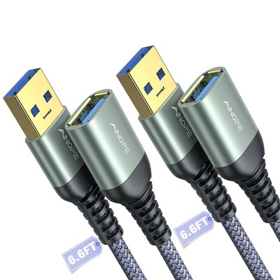 AINOPE 2 Pack USB Extensions Cable High Speed 3.0 6.6FT+6.6FT, Grey 