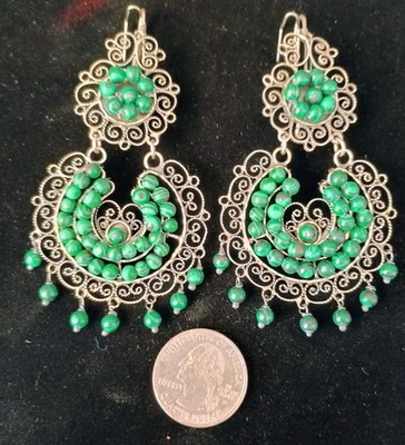 LARGE Taxco Mexico Oaxacan Filigree Frida Kahlo 925 Sterling Malachite Earrings