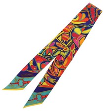 ExcellentConditionHERMESTwillyFolkloreSilkOrangeNavyTurquoiseBlueScarf0202UsedHE