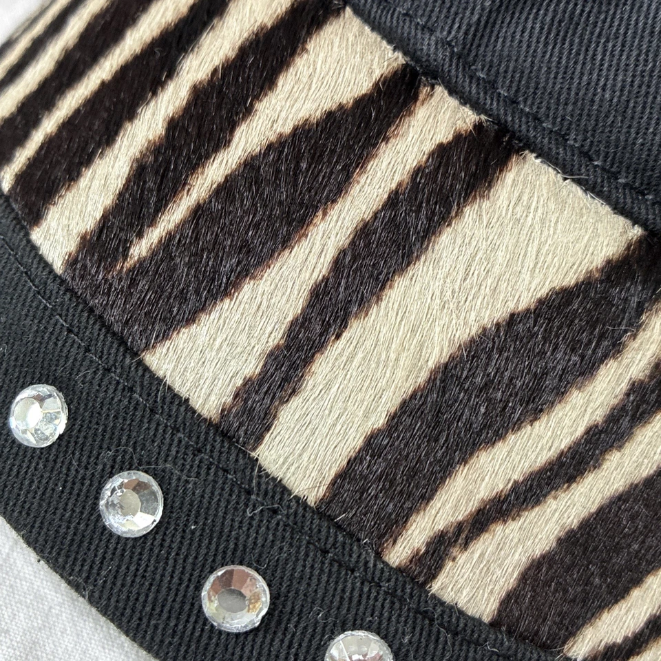 BHW Cadet Cap Hat Zebra Fur Rhinestone Cross Bling Y2K Grunge Biker Rock Punk - Image 3 of 4
