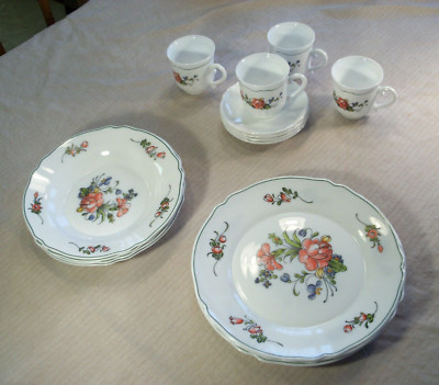 French Arcopal 4-person set: dinner plate, salad or soup bowl, cup, and saucer