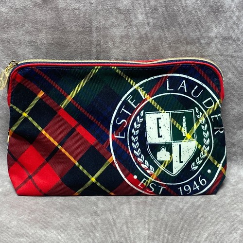 Estée Lauder Tartan Plaid Small Cosmetic Bag Recycled Material Red/Multicolor