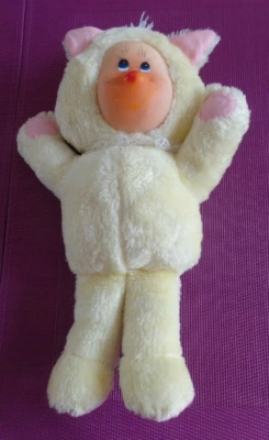 S10 / doudou peluche chat jaune rose colerette blanche ancien vintage - Photo 1/2