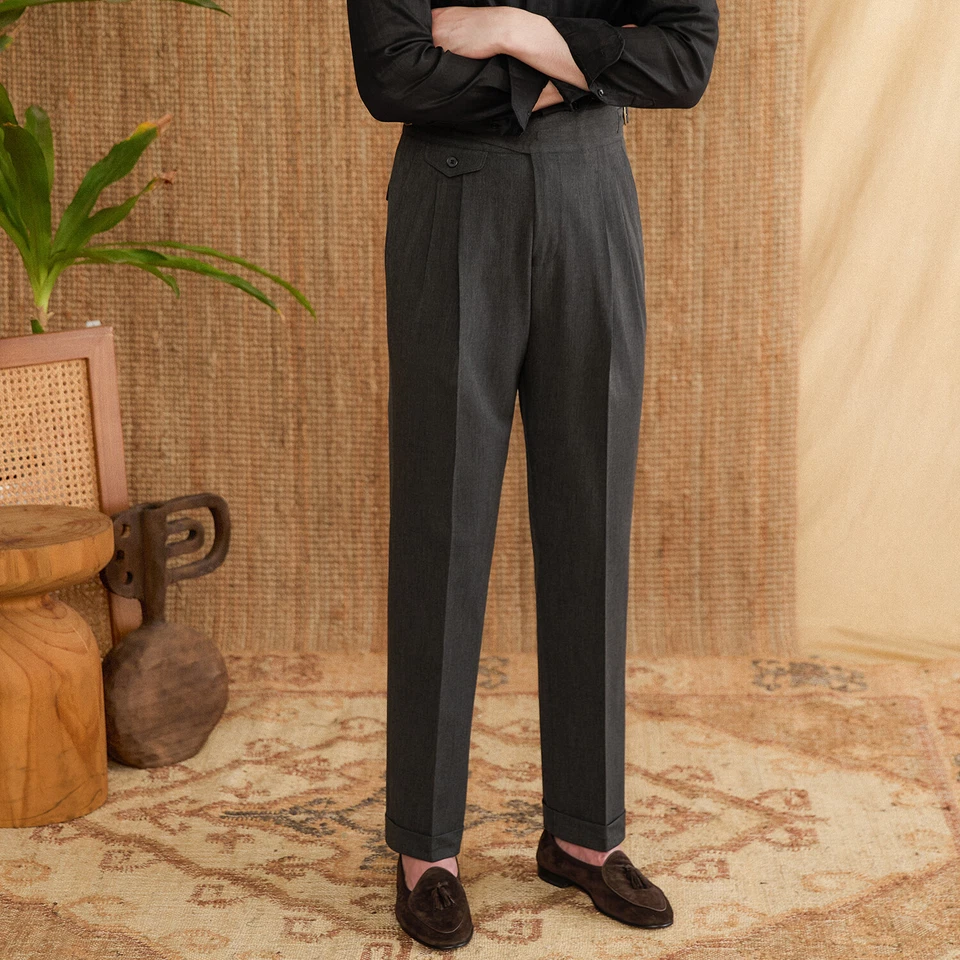 Pantalones informales de negocios italianos Commuts para hombre pantalones británicos ajustados de doble plisado Foto 4 de 4