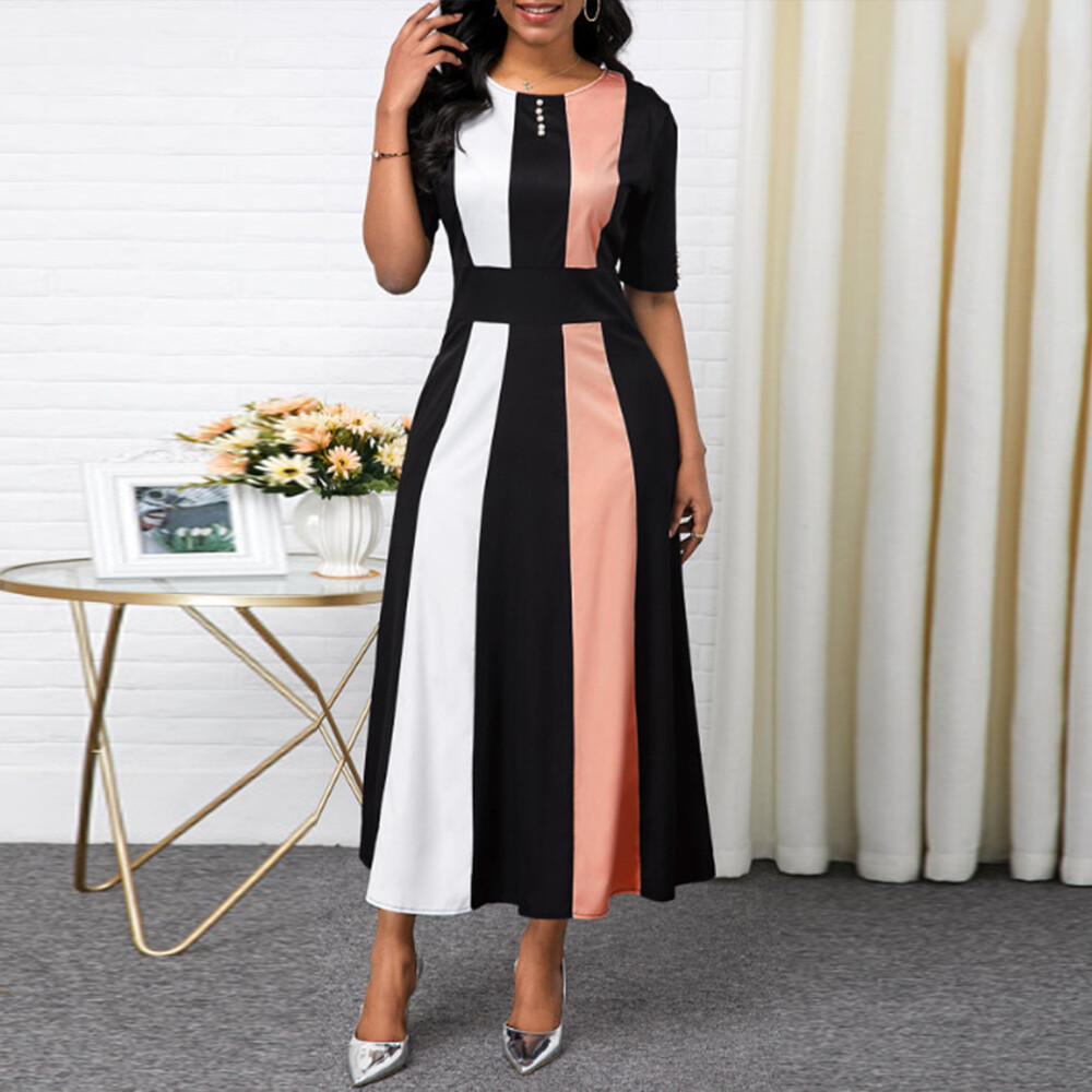 Women Colorblock Maxi Dress Ladies OL Work Evening Cocktail Pockets Long Dresses eBay