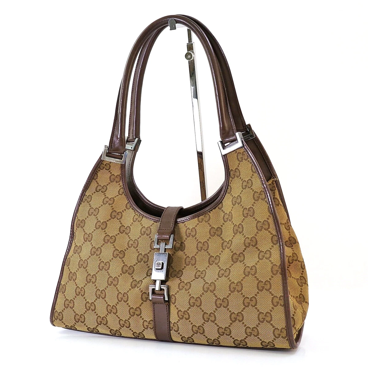 Auth GUCCI Jackie O Brown GG Canvas and Leather Tote Shoulder Bag