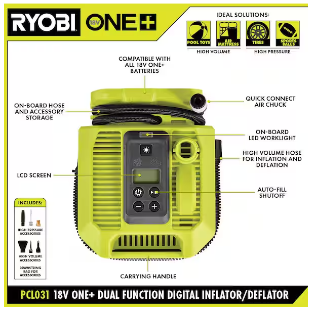 Inflator/deflator Review Ryobi P731 One+ 18v Dual Function Power