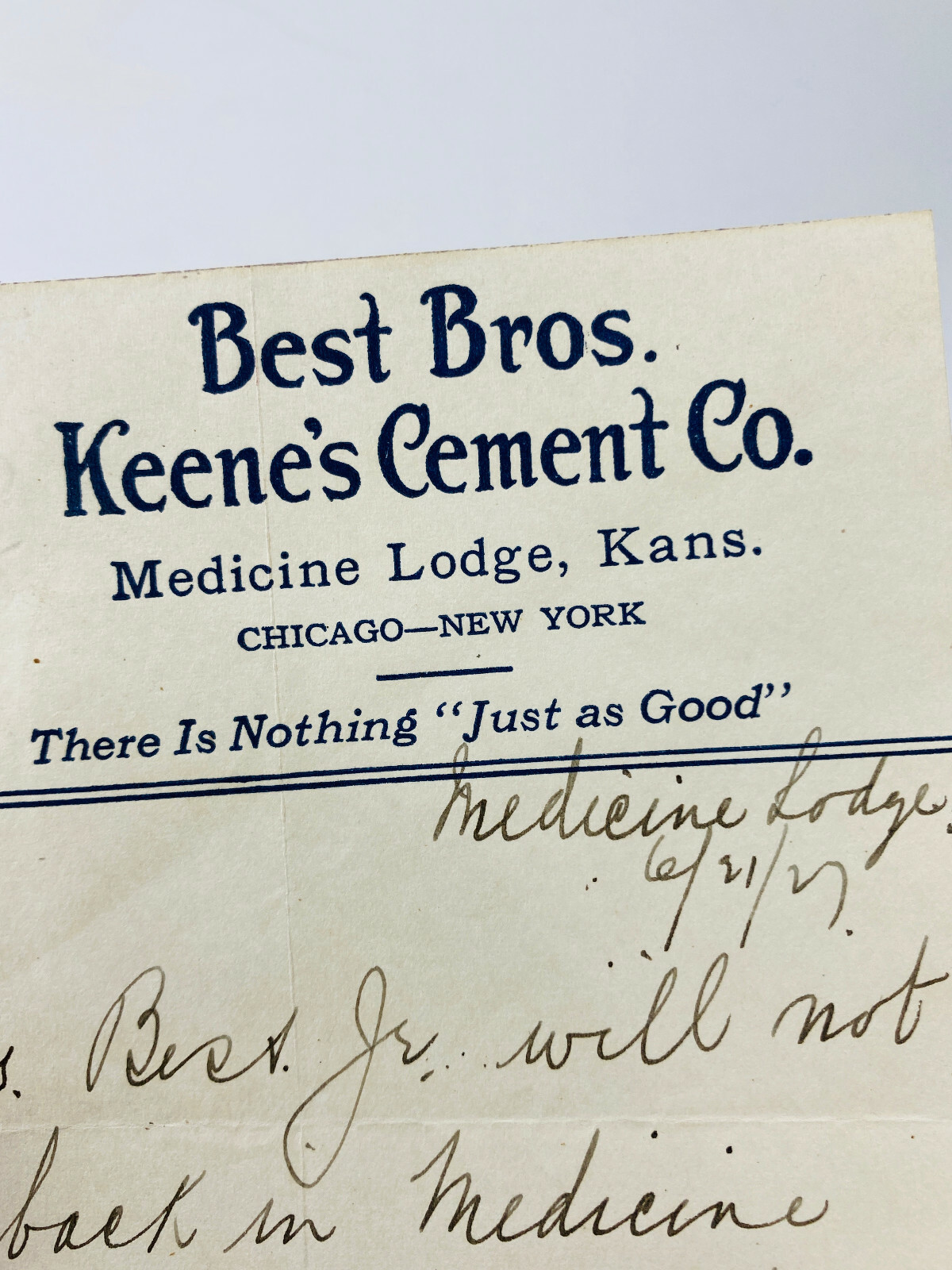 c.1900 Best Bros Keene's Cement Medicine Lodge Kansas KS advertising