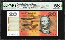 Australia 20 Dollars P46i R415 1994 Fraser Evans PMG58 aUNC EPQ Note PREFIX AAA