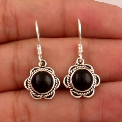 Genuine Black Onyx 925 Sterling Silver Dangle Handmade Earrings For 