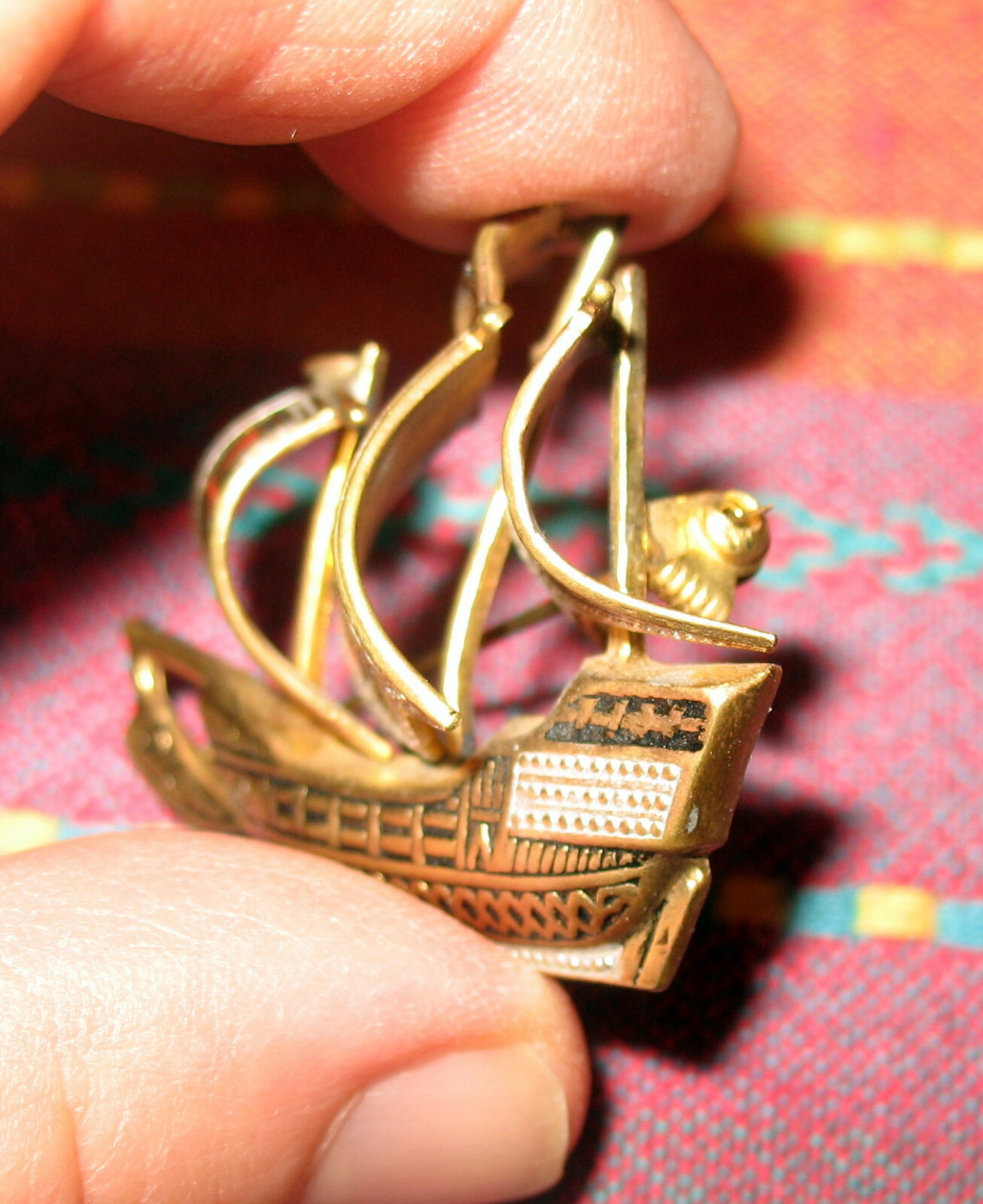 Vintage Damascene Sailing Ship Enamel Gold Tone P… - image 3