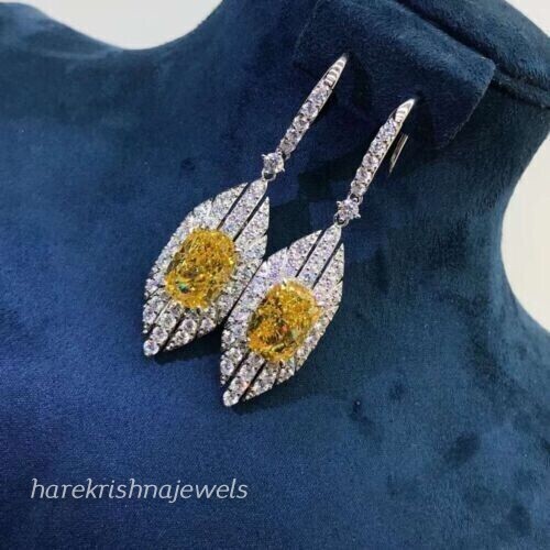 4CT Cushion Cut Yellow Diamond Lab Created Unique Drop Earrings 14K Gold Finish - Picture 5 of 6