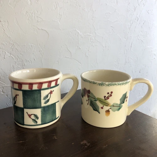 HARTSTONE POTTERY Christmas Holly Mugs 16 oz Stoneware DIFFERENT DESIGN Set of 2