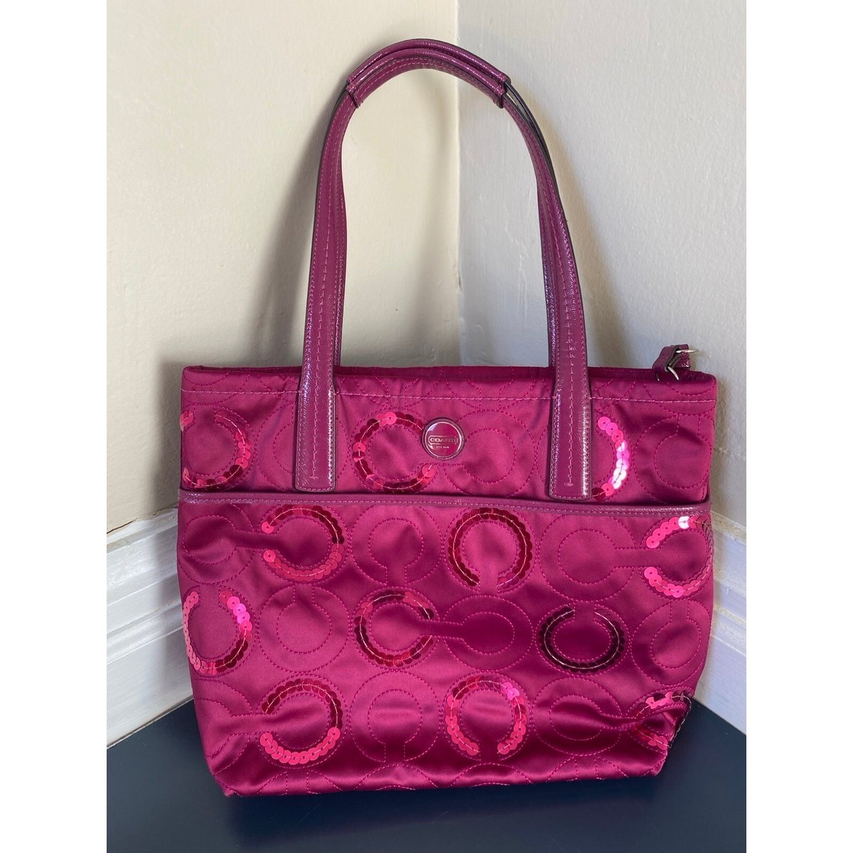 Coach Signature Sequin Tote Passion Berry Handbag Tote Bag F25470 
