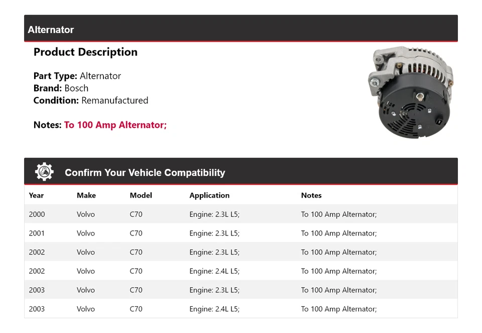 For 2000-2003 Volvo C70 Bosch Alternator (Remanufactured) 2001 2002 - Image 2 of 4