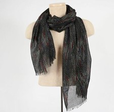 Womens Black with Multi-Color Polka Dots and Metallic Accents Long Scarf