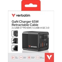Gan-LadegeräT 65W, 1X USB-A , 2X USB-C, Ausziehbares Kabel (Schwarz, Pd 3.0, Qc