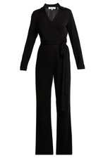 Diane Von Furstenberg Margot Wrap Jumpsuit Wide Leg 6 Medium Black Crepe