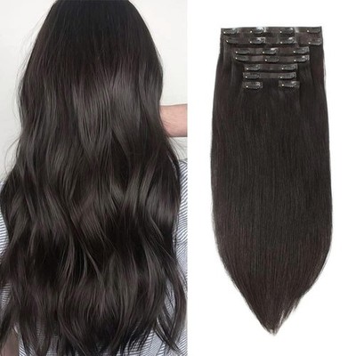 Brown Black Hair Extensions Clip In Human Hair Extensions 16Inch Real Human H...