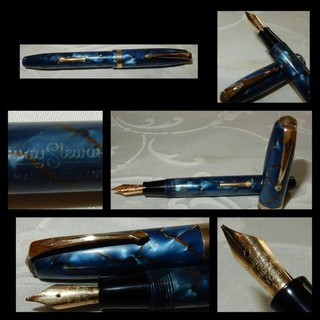 CONWAY STEWART 84 FOUNTAIN PEN BLUE MARBLE & VEINS 14K GOLD FLEX NIB SERVICED