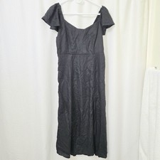 Black Midi Smocked Sweetheart Neck Flutter Sleeve Side Slit Dress Size M
