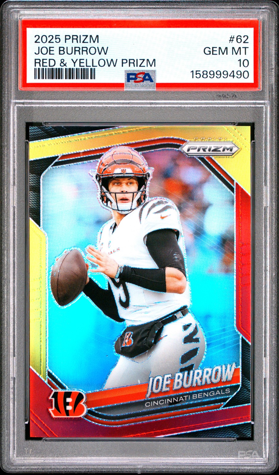 2025 PANINI PRIZM RED & YELLOW PRIZM #62 JOE BURROW 03/44 PSA 10